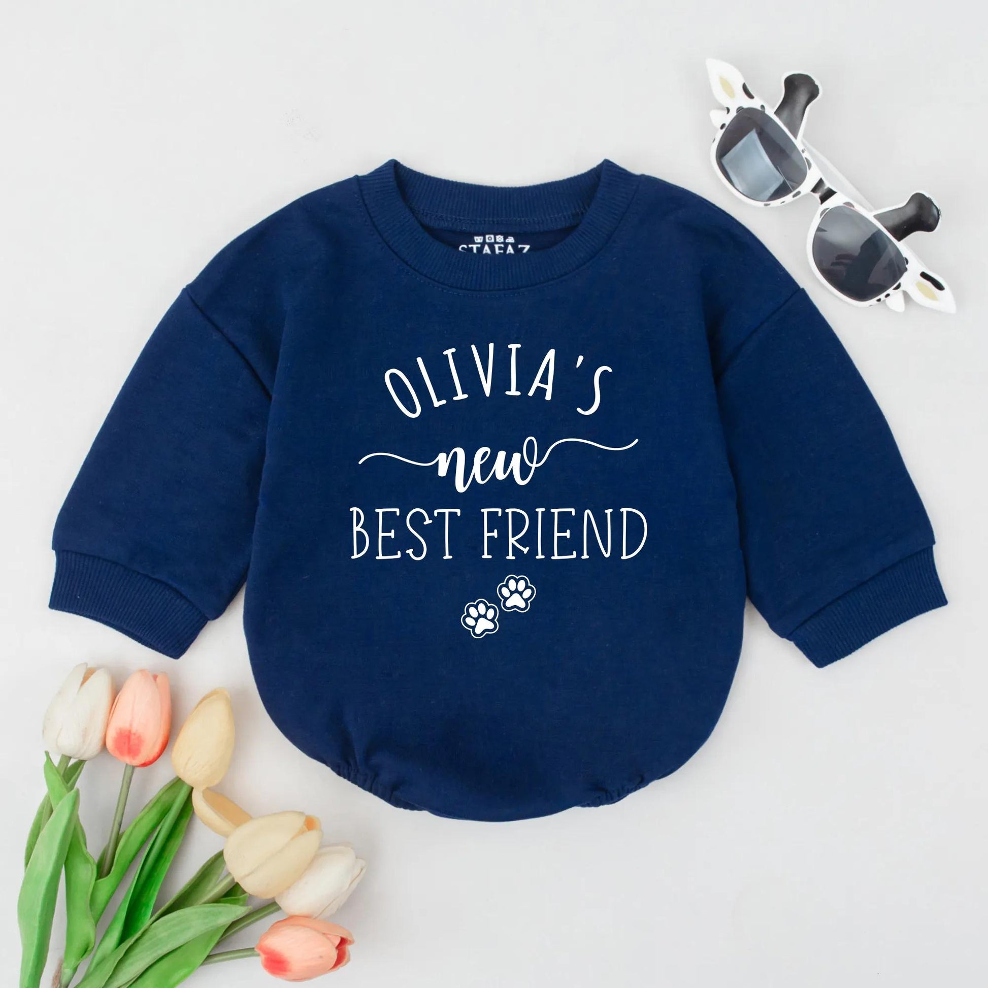 Personalized New Best Friend Dog Baby Bubble Romper with Custom Name & Paw Prints Design, Newborn Outfit Pregnancy Reveal Bodysuit Pet Lover Gift.