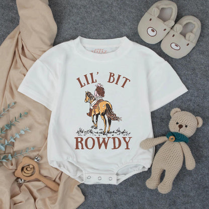 Lil' Bit Rowdy Girls Rodeo Bubble Romper Toddler Western Outfit Adorable Country Baby Girl Clothes Soft Summer Little Cowgirl Gift