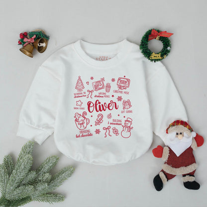 Custom Baby's First Christmas Bubble Romper, Retro Xmas Doodle Outfit, Personalized Newborn Coming Home Outfit, Festive Holiday Baby Shower Gift (138 chars)