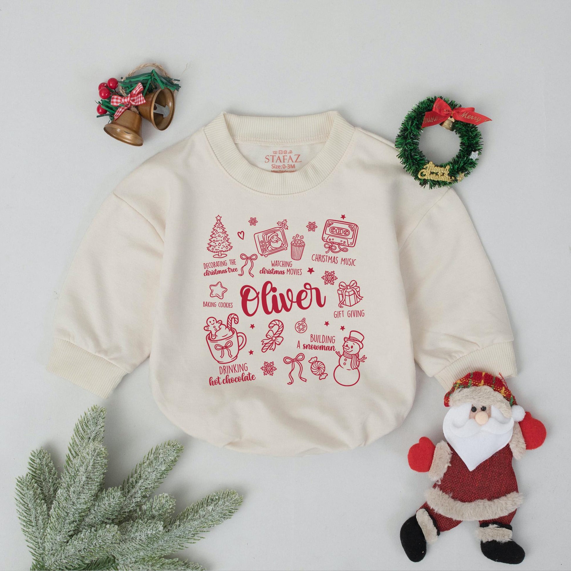 Custom Baby's First Christmas Bubble Romper, Retro Xmas Doodle Outfit, Personalized Newborn Coming Home Outfit, Festive Holiday Baby Shower Gift (138 chars)