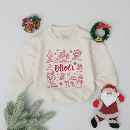 Custom Baby's First Christmas Bubble Romper, Retro Xmas Doodle Outfit, Personalized Newborn Coming Home Outfit, Festive Holiday Baby Shower Gift (138 chars)