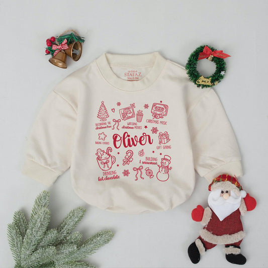 Custom Baby's First Christmas Bubble Romper, Retro Xmas Doodle Outfit, Personalized Newborn Coming Home Outfit, Festive Holiday Baby Shower Gift (138 chars)