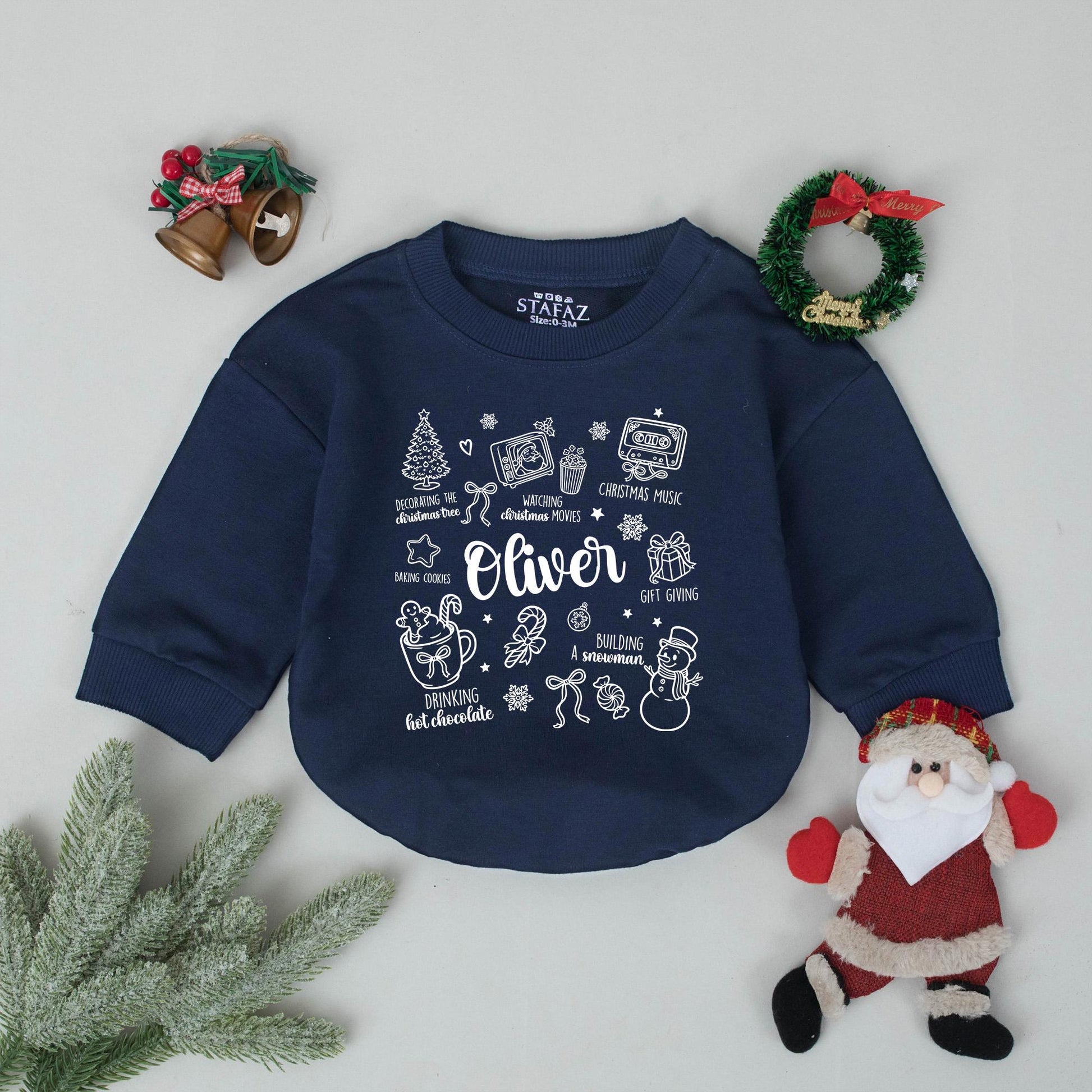 Custom Baby's First Christmas Bubble Romper, Retro Xmas Doodle Outfit, Personalized Newborn Coming Home Outfit, Festive Holiday Baby Shower Gift (138 chars)