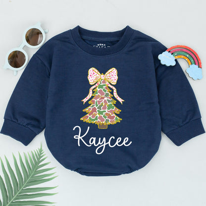 Personalized Baby Girl Camo Christmas Tree Romper Pink Polka Dot Bow First Christmas Newborn Outfit Festive Holiday Gift