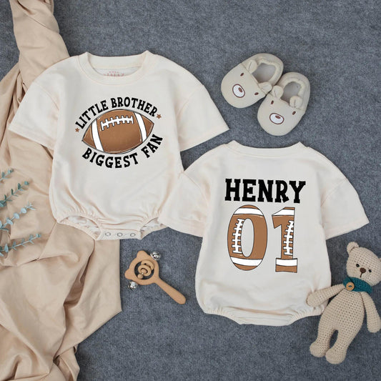 Personalized Little Brother Biggest Fan Football Bubble Romper Baby Boy Sporty Game Day Outfit with Custom Name Number Brown Football Graphic Gift