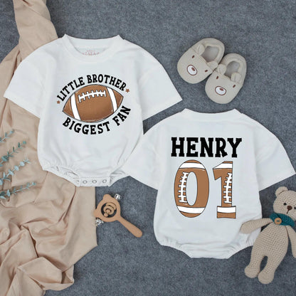 Personalized Little Brother Biggest Fan Football Bubble Romper Baby Boy Sporty Game Day Outfit with Custom Name Number Brown Football Graphic Gift