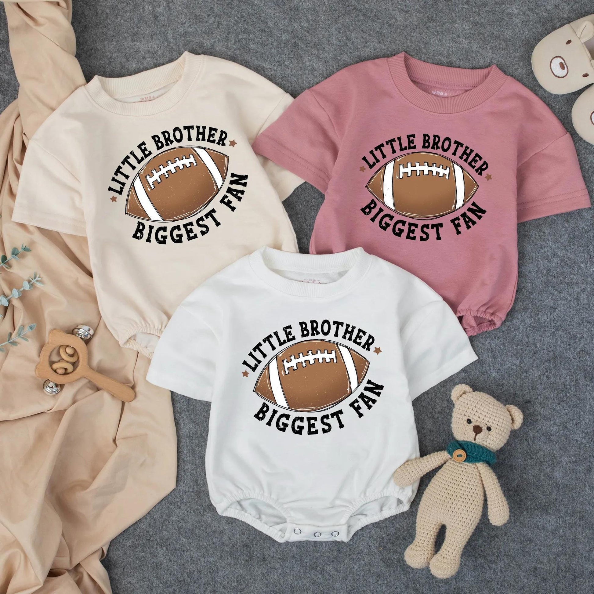 Personalized Little Brother Biggest Fan Football Bubble Romper Baby Boy Sporty Game Day Outfit with Custom Name Number Brown Football Graphic Gift