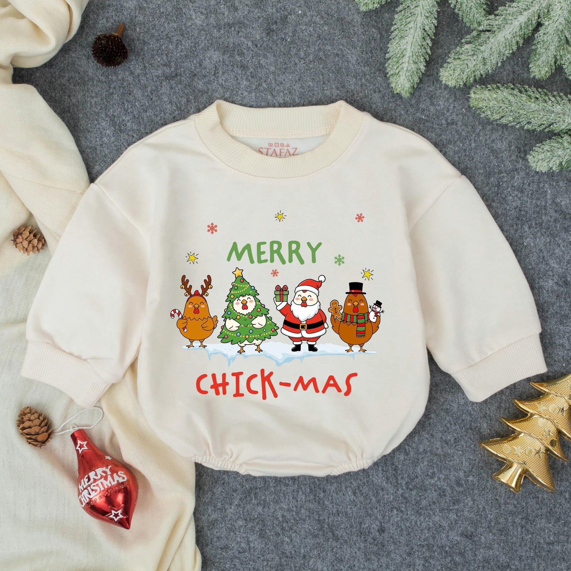 Merry Chick-Mas Christmas Baby Romper, Funny Chicken Outfit, Holiday Farm Animal Bodysuit, Cute Xmas Gift, Playful Toddler Clothes, Soft Cotton 138 char