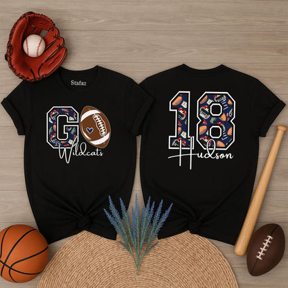 GO Wildcats Football Shirt, Custom Name & Number, Football Mom Gift, Game Day Tee, Sports Mama Outfit, School Spirit