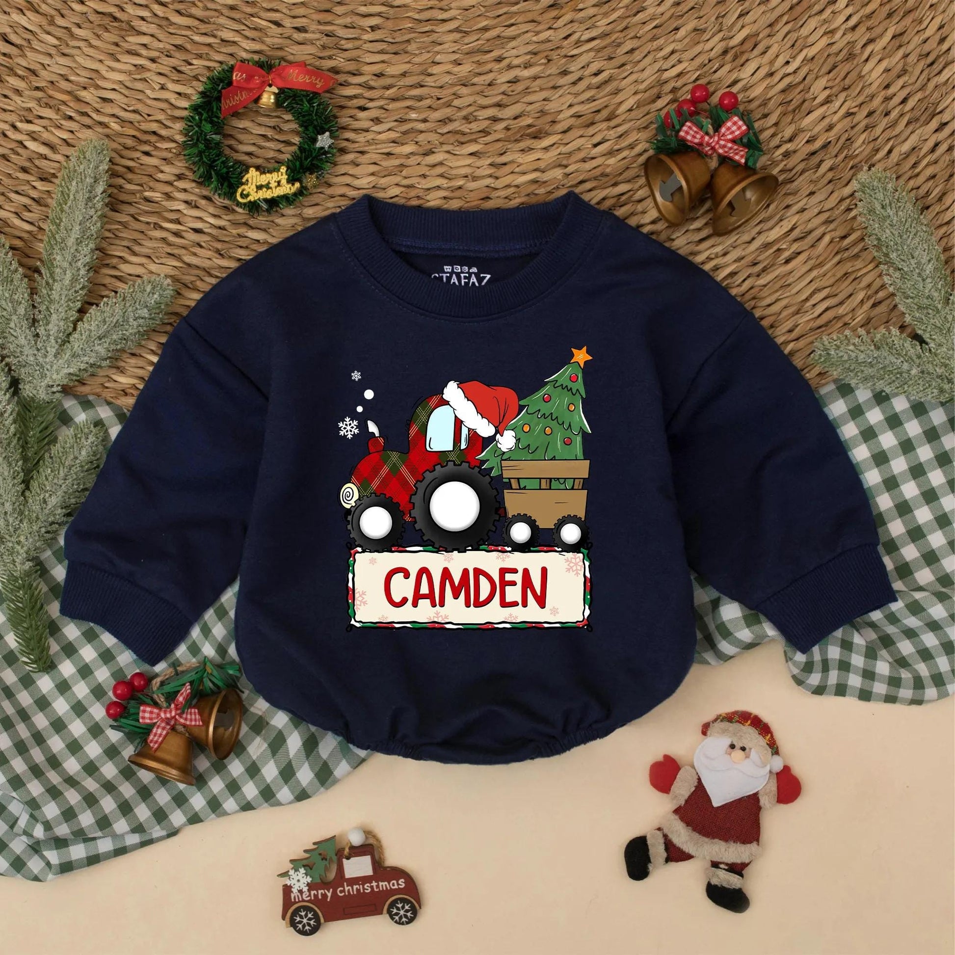 Custom Baby Boy Christmas Red Plaid Tractor Bubble Romper Holiday Bodysuit Winter Outfit Infant Gift Festive Santa Hat Tree Snowflakes