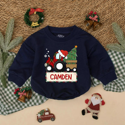 Custom Baby Boy Christmas Red Plaid Tractor Bubble Romper Holiday Bodysuit Winter Outfit Infant Gift Festive Santa Hat Tree Snowflakes