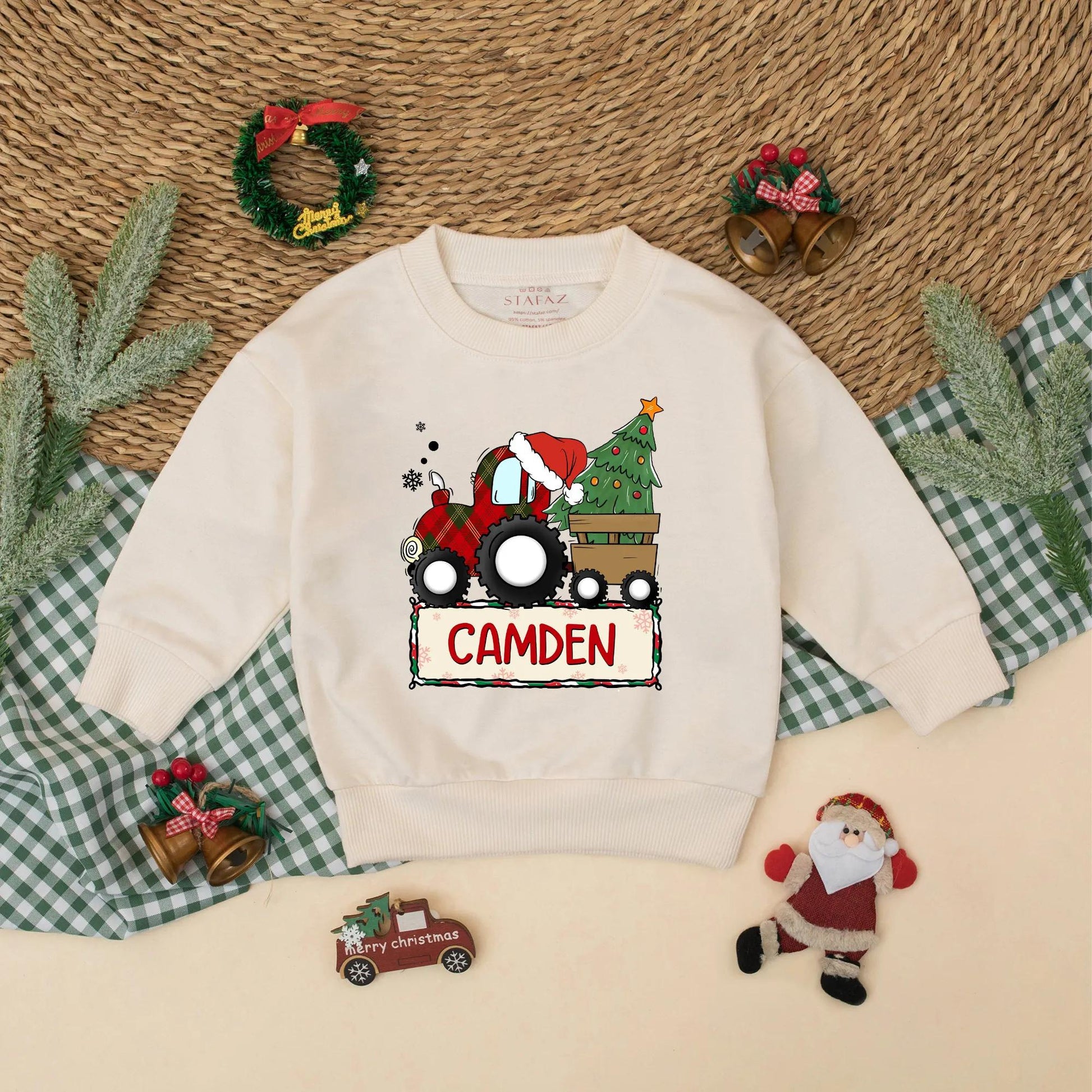 Custom Baby Boy Christmas Red Plaid Tractor Bubble Romper Holiday Bodysuit Winter Outfit Infant Gift Festive Santa Hat Tree Snowflakes