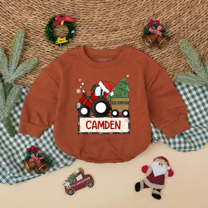 Custom Baby Boy Christmas Red Plaid Tractor Bubble Romper Holiday Bodysuit Winter Outfit Infant Gift Festive Santa Hat Tree Snowflakes