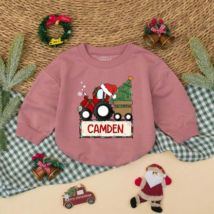 Custom Baby Boy Christmas Red Plaid Tractor Bubble Romper Holiday Bodysuit Winter Outfit Infant Gift Festive Santa Hat Tree Snowflakes