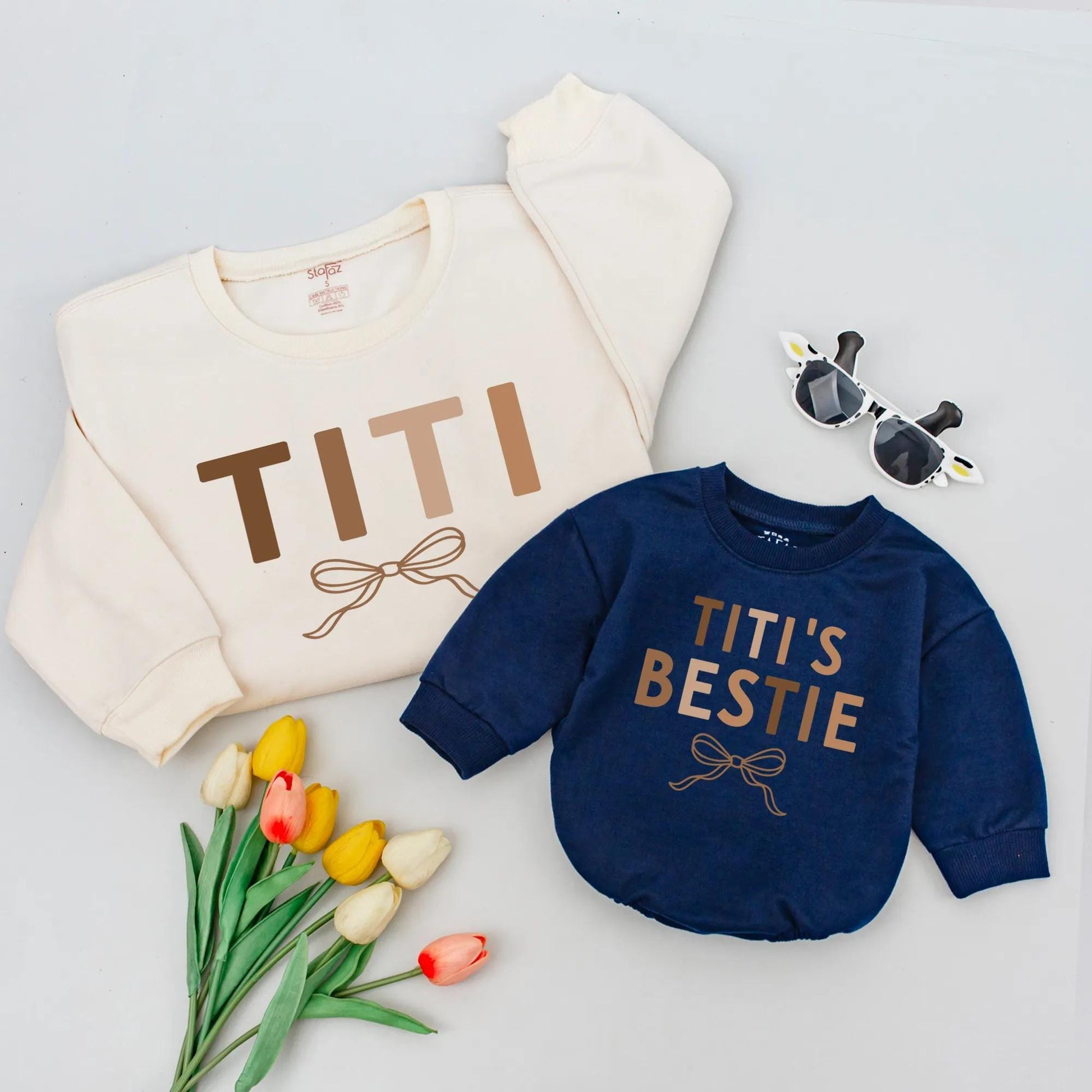 Matching TITI & TITI'S BESTIE Outfits, Custom Dark Brown Block Text & Light Brown Bow Design, Auntie & Niece Matching Gift, Baby Bodysuit