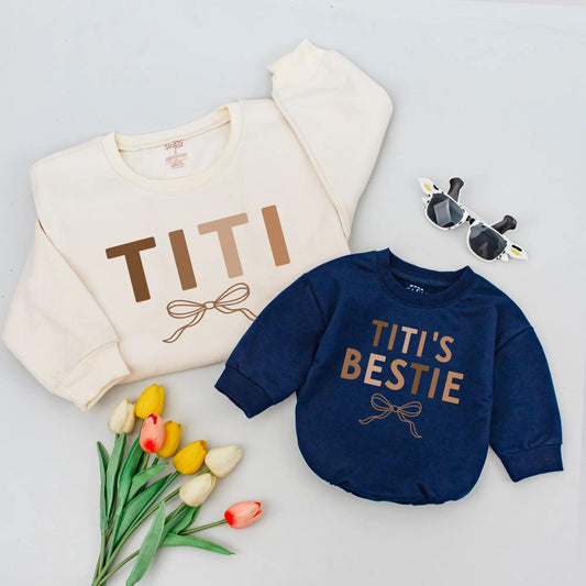 Matching TITI & TITI'S BESTIE Outfits, Custom Dark Brown Block Text & Light Brown Bow Design, Auntie & Niece Matching Gift, Baby Bodysuit