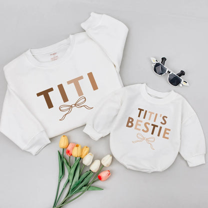 Matching TITI & TITI'S BESTIE Outfits, Custom Dark Brown Block Text & Light Brown Bow Design, Auntie & Niece Matching Gift, Baby Bodysuit