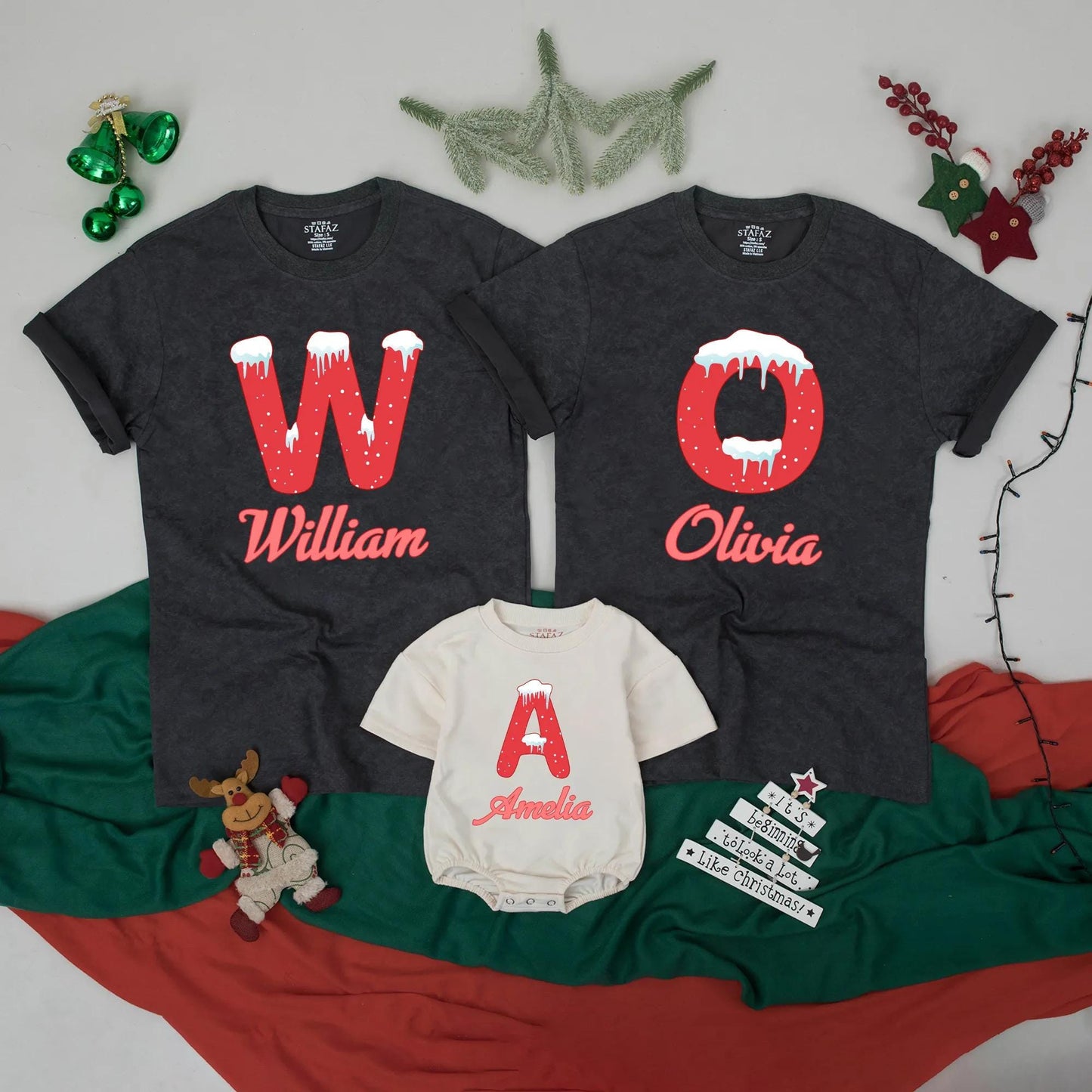 Custom Last Name Christmas Family Shirts, Matching Xmas Outfit, Doodle Alphabet Design, Family Reunion Gifts