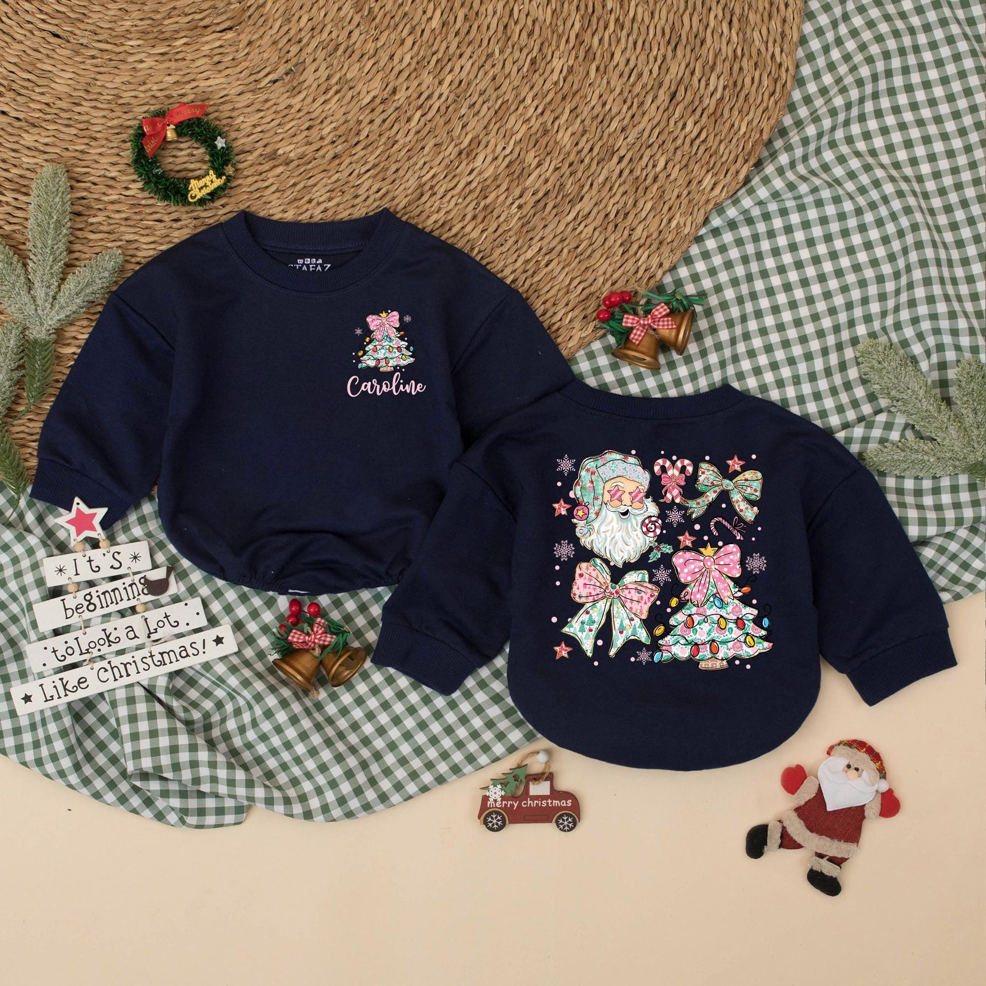 Personalized Christmas Baby Girl Romper with Pink Bow Christmas Tree & Caroline Name, Santa Bodysuit, Newborn Girl Outfit