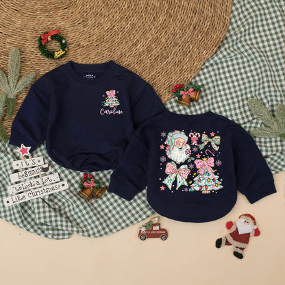 Personalized Christmas Baby Girl Romper with Pink Bow Christmas Tree & Caroline Name, Santa Bodysuit, Newborn Girl Outfit