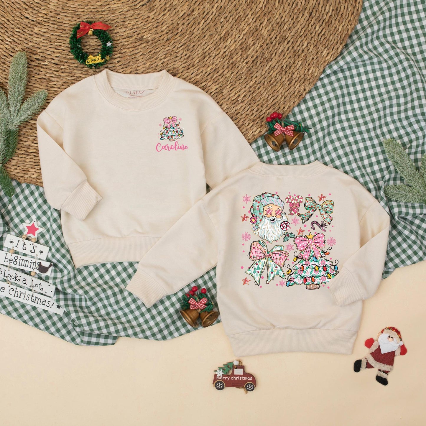 Personalized Christmas Baby Girl Romper with Pink Bow Christmas Tree & Caroline Name, Santa Bodysuit, Newborn Girl Outfit