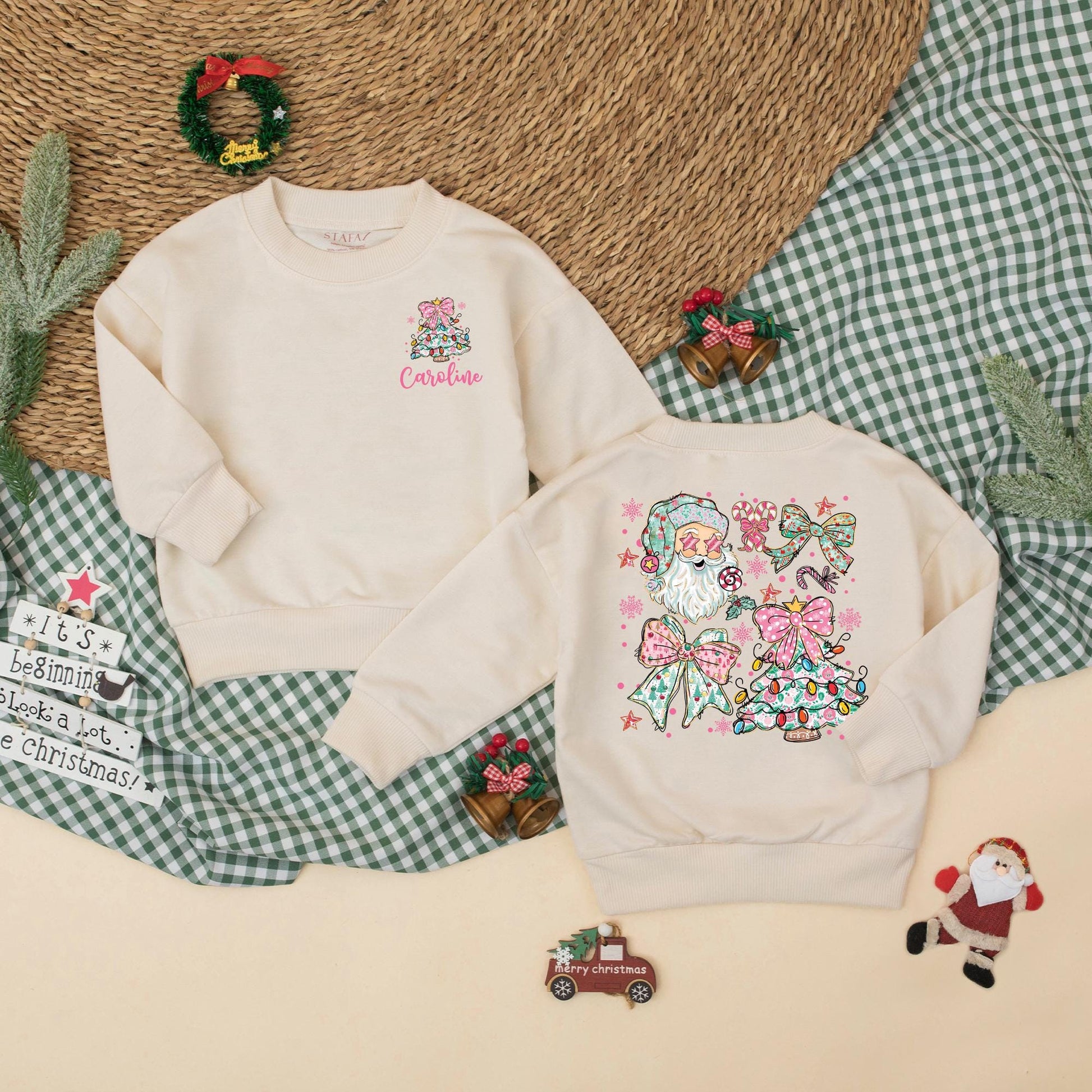 Personalized Christmas Baby Girl Romper with Pink Bow Christmas Tree & Caroline Name, Santa Bodysuit, Newborn Girl Outfit
