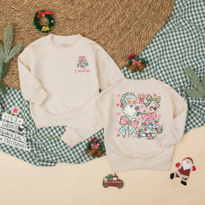Personalized Christmas Baby Girl Romper with Pink Bow Christmas Tree & Caroline Name, Santa Bodysuit, Newborn Girl Outfit