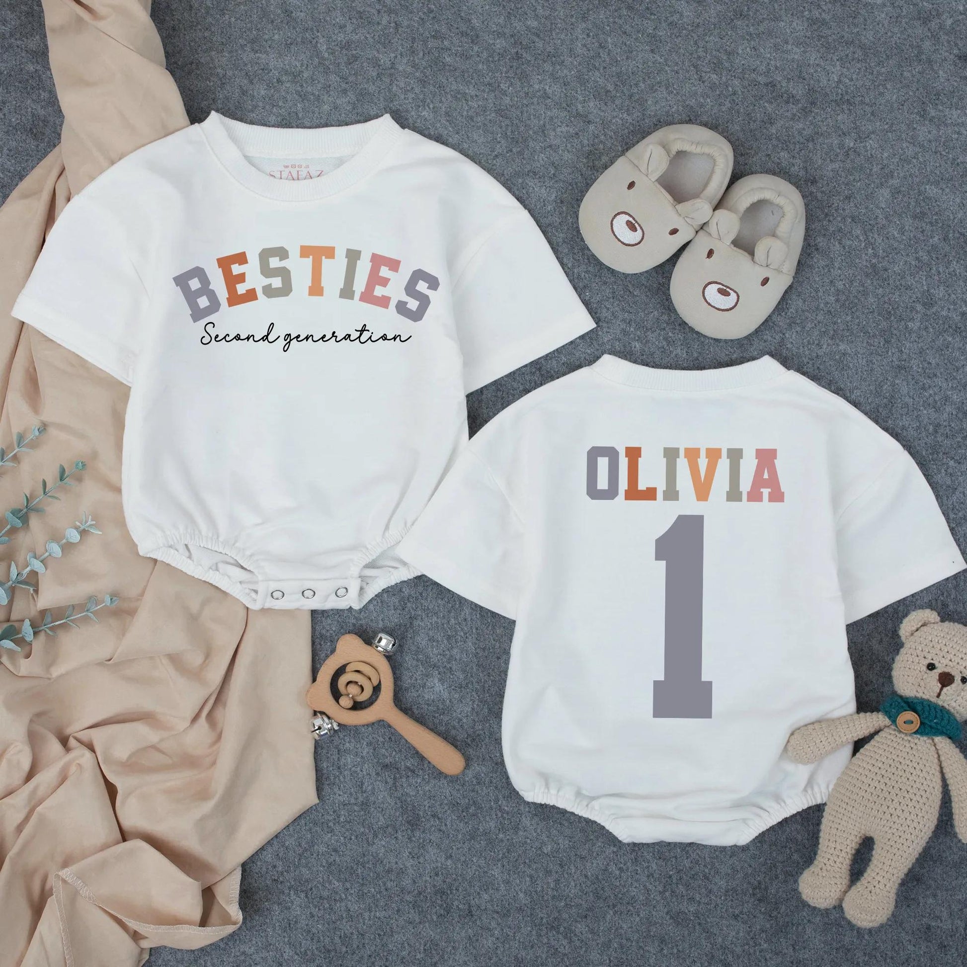 Custom Second Generation Besties Baby Romper with Personalized Name Pink Orange Gray Best Friend Infant Outfit Playful Toddler Shower Gift Baby Announcement