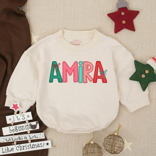Personalized Amira Christmas Romper: Festive First Christmas Outfit for Baby Girl, Custom Name Winter Holiday Infant Clothes with Red Bows (139 chars)