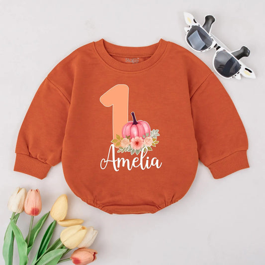 Amelia's Sweet 1st Birthday Pumpkin Romper with Pastel Flowers Baby Girl Outfit Burnt Orange Cute
