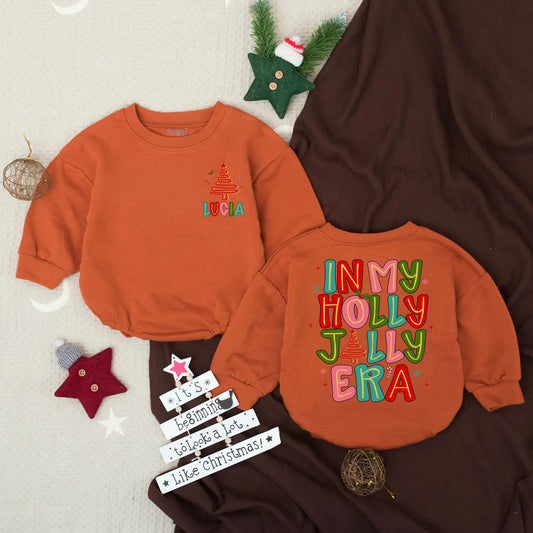 In My Holly Jolly Era Bubble Romper Personalized First Christmas Outfit for Girl Infant Santa Clothes Toddler Winter Gift with Cartoon Tree