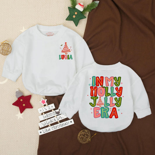 In My Holly Jolly Era Bubble Romper Personalized First Christmas Outfit for Girl Infant Santa Clothes Toddler Winter Gift with Cartoon Tree