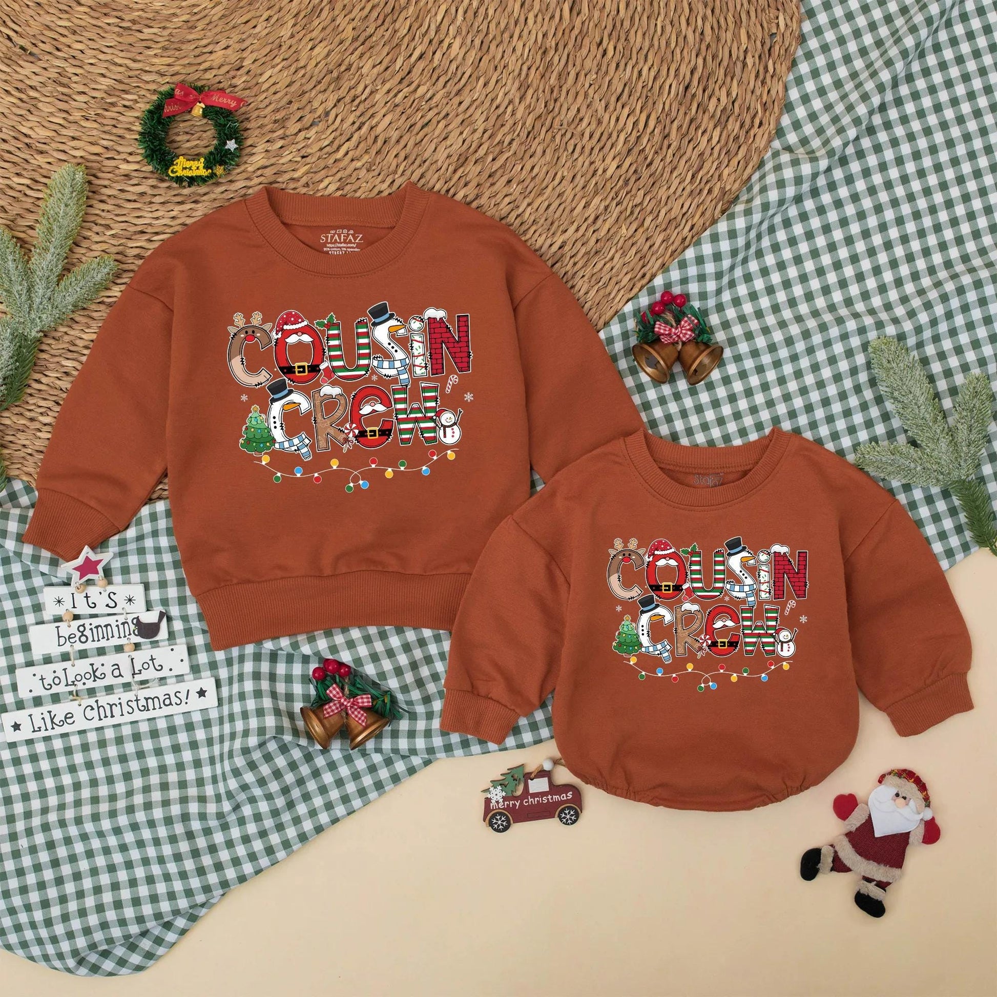 Christmas Cousin Crew Romper Sweatshirt, Matching Holiday Outfit for Baby, Toddler, Kids Xmas Party Clothes with Santa, Lights, Reindeer, Tree Design (139 chars)