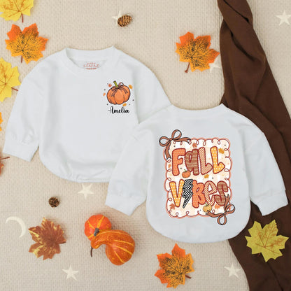 Personalized Fall Vibes Romper, Pumpkin & Leaves Thanksgiving Outfit, Custom Name Amelia Autumn Baby Clothes Preppy Checkered Toddler Gift 137 chars