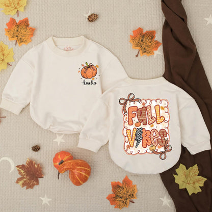 Personalized Fall Vibes Romper, Pumpkin & Leaves Thanksgiving Outfit, Custom Name Amelia Autumn Baby Clothes Preppy Checkered Toddler Gift 137 chars