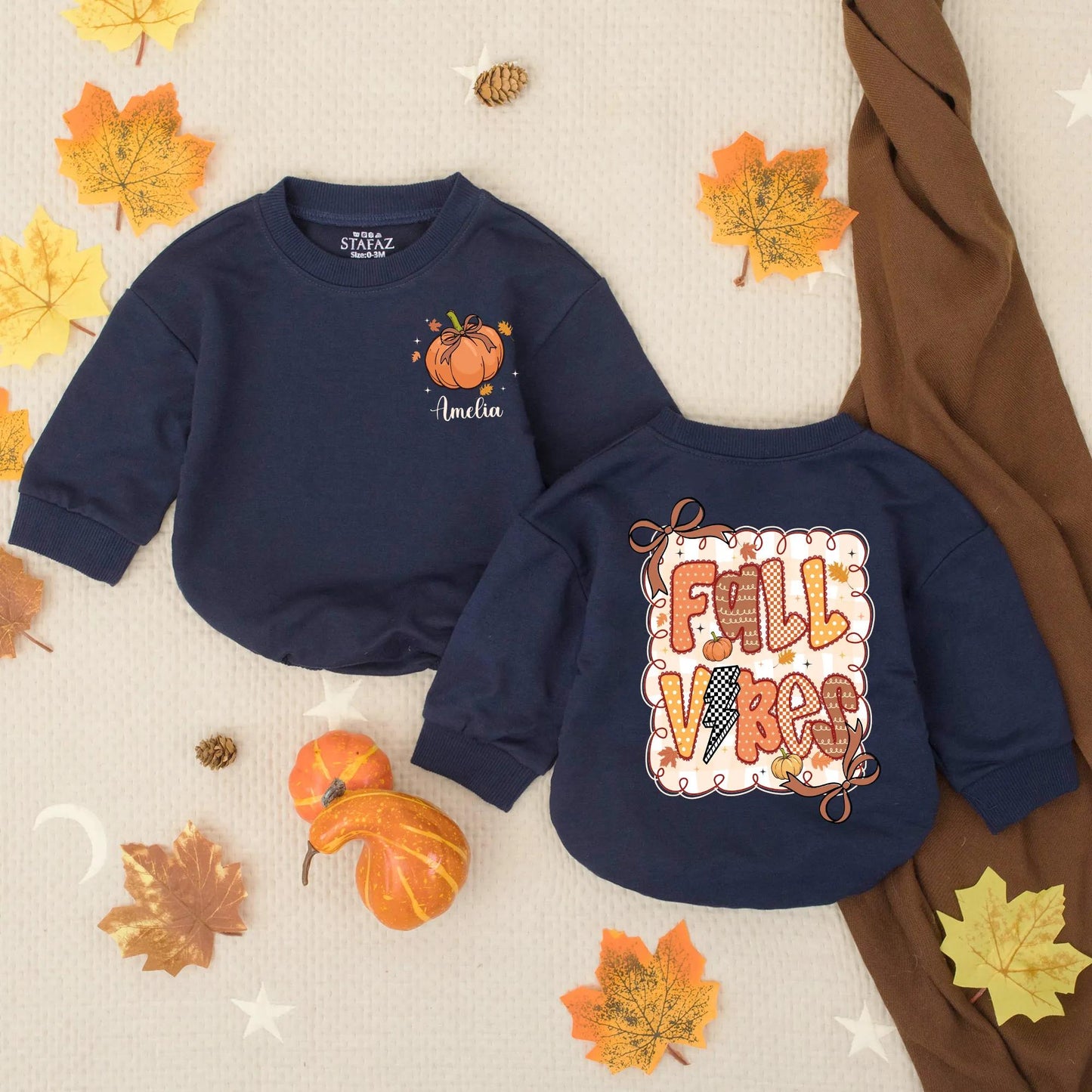 Personalized Fall Vibes Romper, Pumpkin & Leaves Thanksgiving Outfit, Custom Name Amelia Autumn Baby Clothes Preppy Checkered Toddler Gift 137 chars