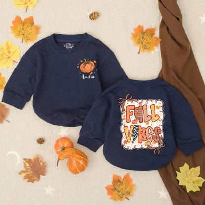 Personalized Fall Vibes Romper, Pumpkin & Leaves Thanksgiving Outfit, Custom Name Amelia Autumn Baby Clothes Preppy Checkered Toddler Gift 137 chars