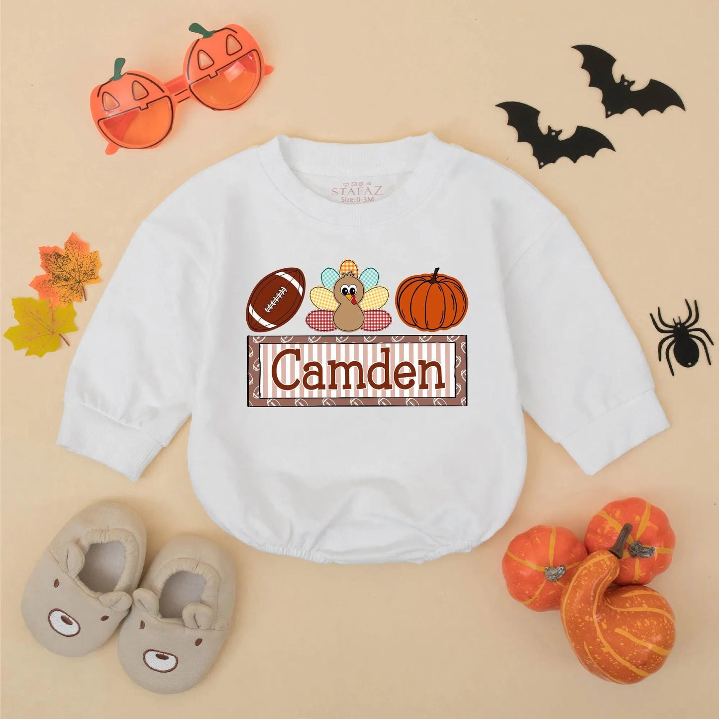 Personalized My 1st Thanksgiving Romper, Camden Football Turkey Pumpkin Outfit, Baby Boy Fall Bodysuit, Game Day Clothes, Thanksgiving Gift
