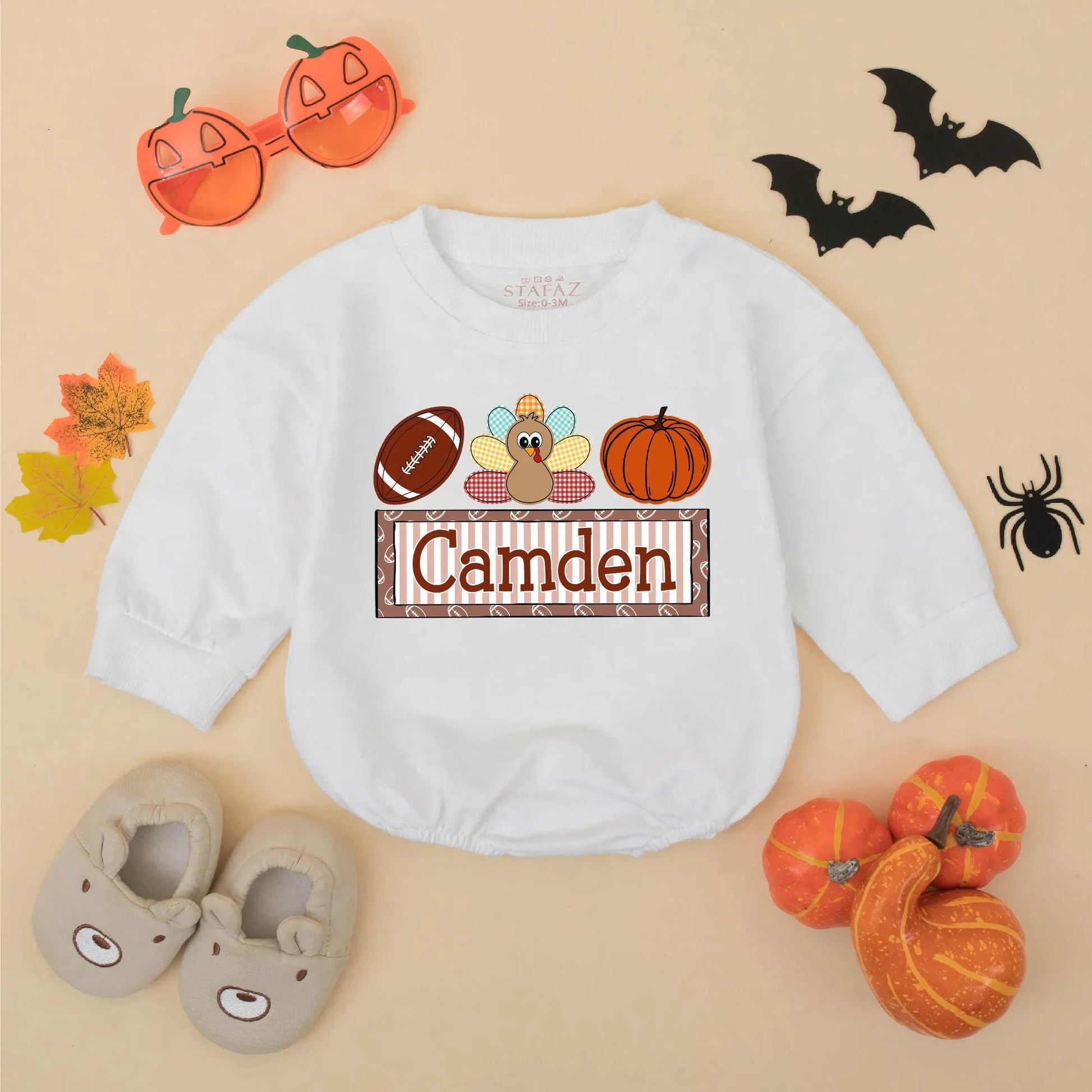 Personalized My 1st Thanksgiving Romper, Camden Football Turkey Pumpkin Outfit, Baby Boy Fall Bodysuit, Game Day Clothes, Thanksgiving Gift