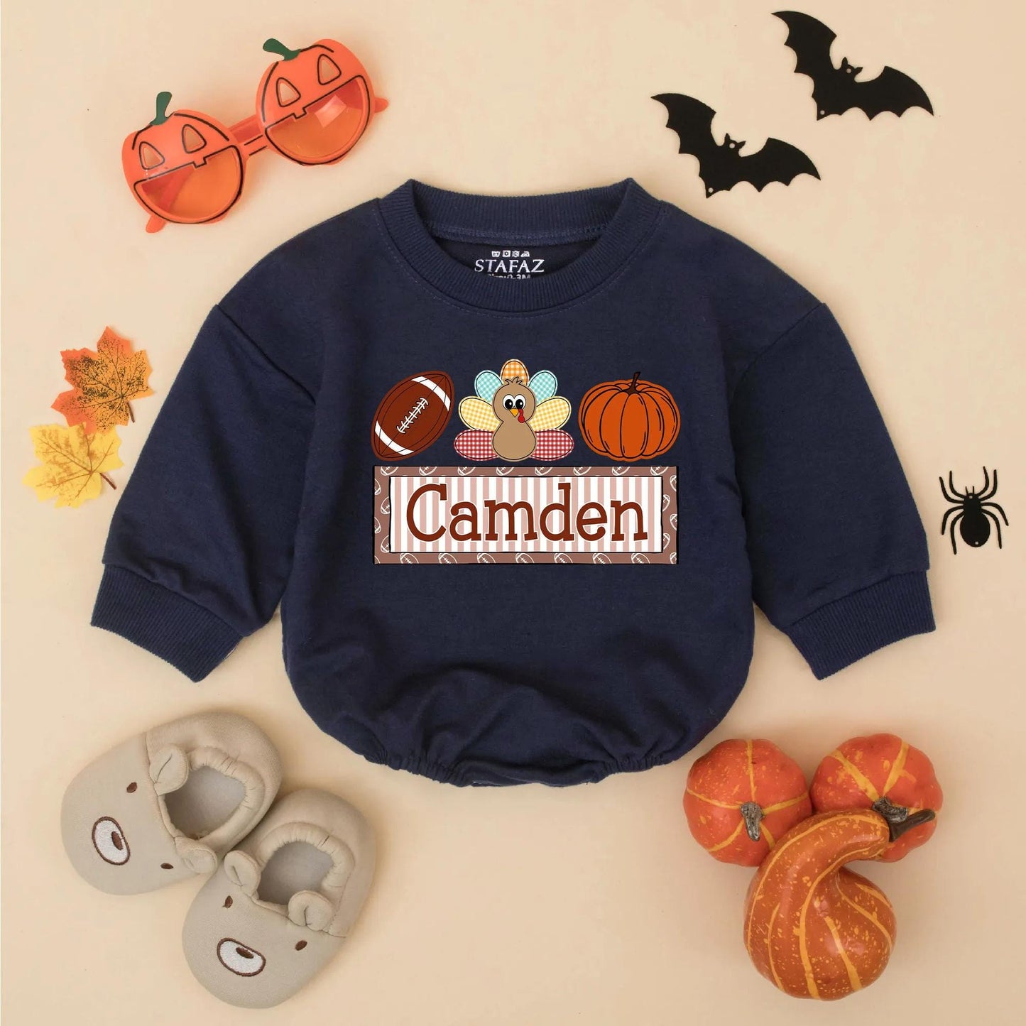 Personalized My 1st Thanksgiving Romper, Camden Football Turkey Pumpkin Outfit, Baby Boy Fall Bodysuit, Game Day Clothes, Thanksgiving Gift