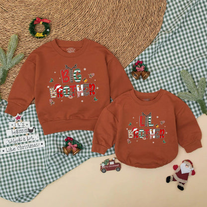 Big Brother Lil Sister Christmas Matching Outfit, Holiday Sibling Sweatshirt Romper Set for Baby Toddler, Festive Reindeer Snowflakes Clothes Gift (138 chars)