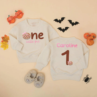 Personalized One Cutie Pie First Birthday Romper Bodysuit Fall Cake Smash Outfit Baby Girl Thanksgiving Brown Pink Pie Design