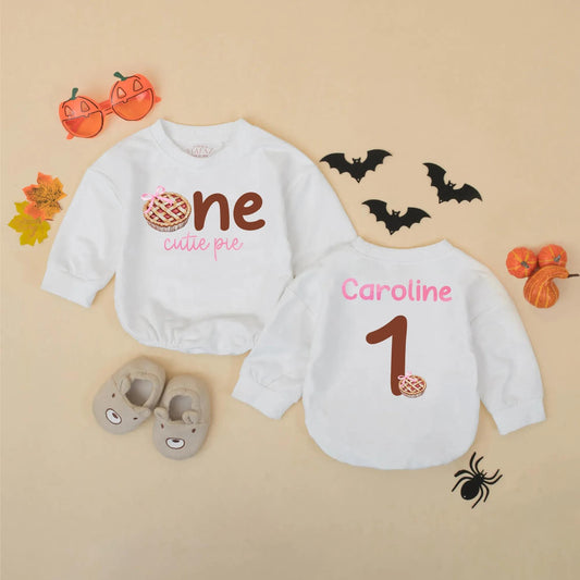 Personalized One Cutie Pie First Birthday Romper Bodysuit Fall Cake Smash Outfit Baby Girl Thanksgiving Brown Pink Pie Design