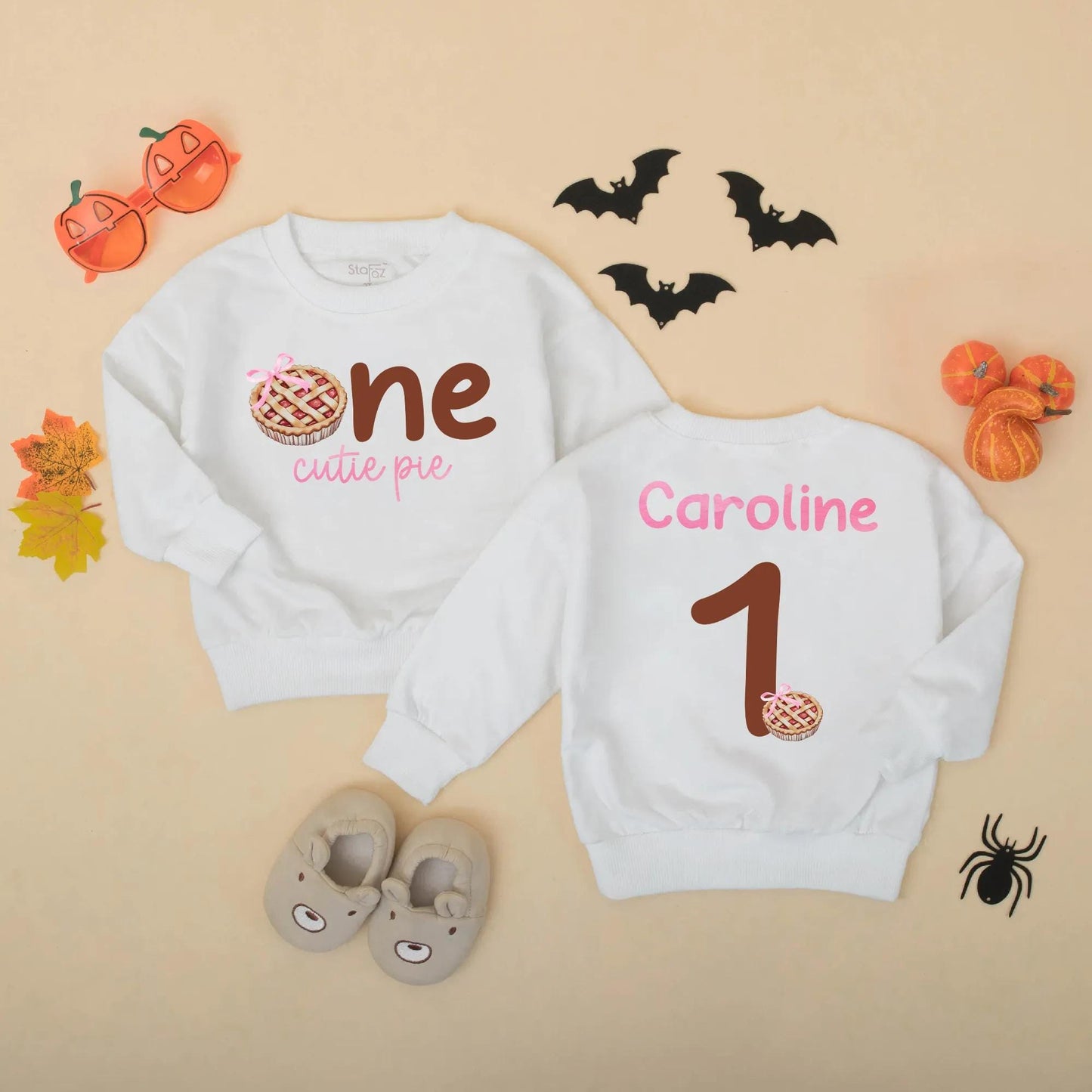 Personalized One Cutie Pie First Birthday Romper Bodysuit Fall Cake Smash Outfit Baby Girl Thanksgiving Brown Pink Pie Design