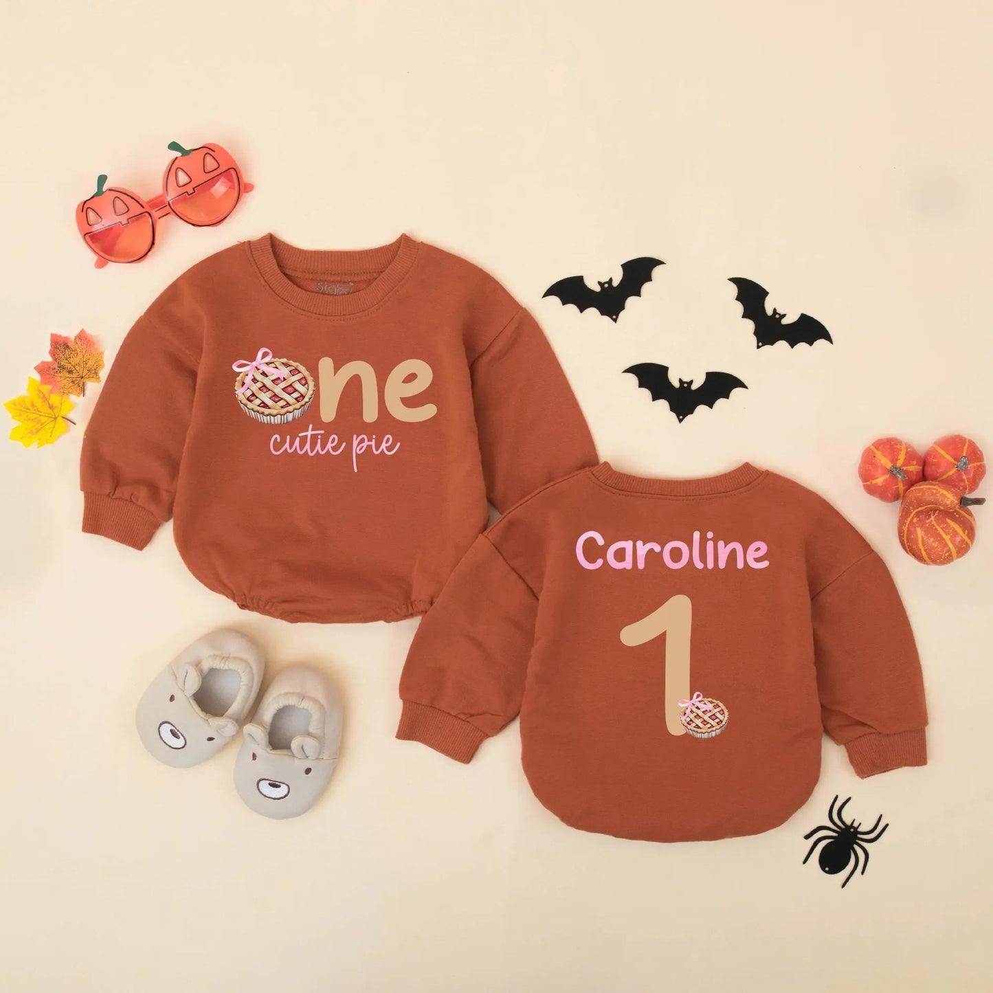 Personalized One Cutie Pie First Birthday Romper Bodysuit Fall Cake Smash Outfit Baby Girl Thanksgiving Brown Pink Pie Design