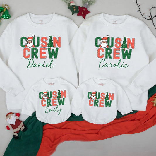 Retro Cousin Crew Christmas Sweatshirt Personalized with Santa & Tree Design Matching Family Holiday Apparel