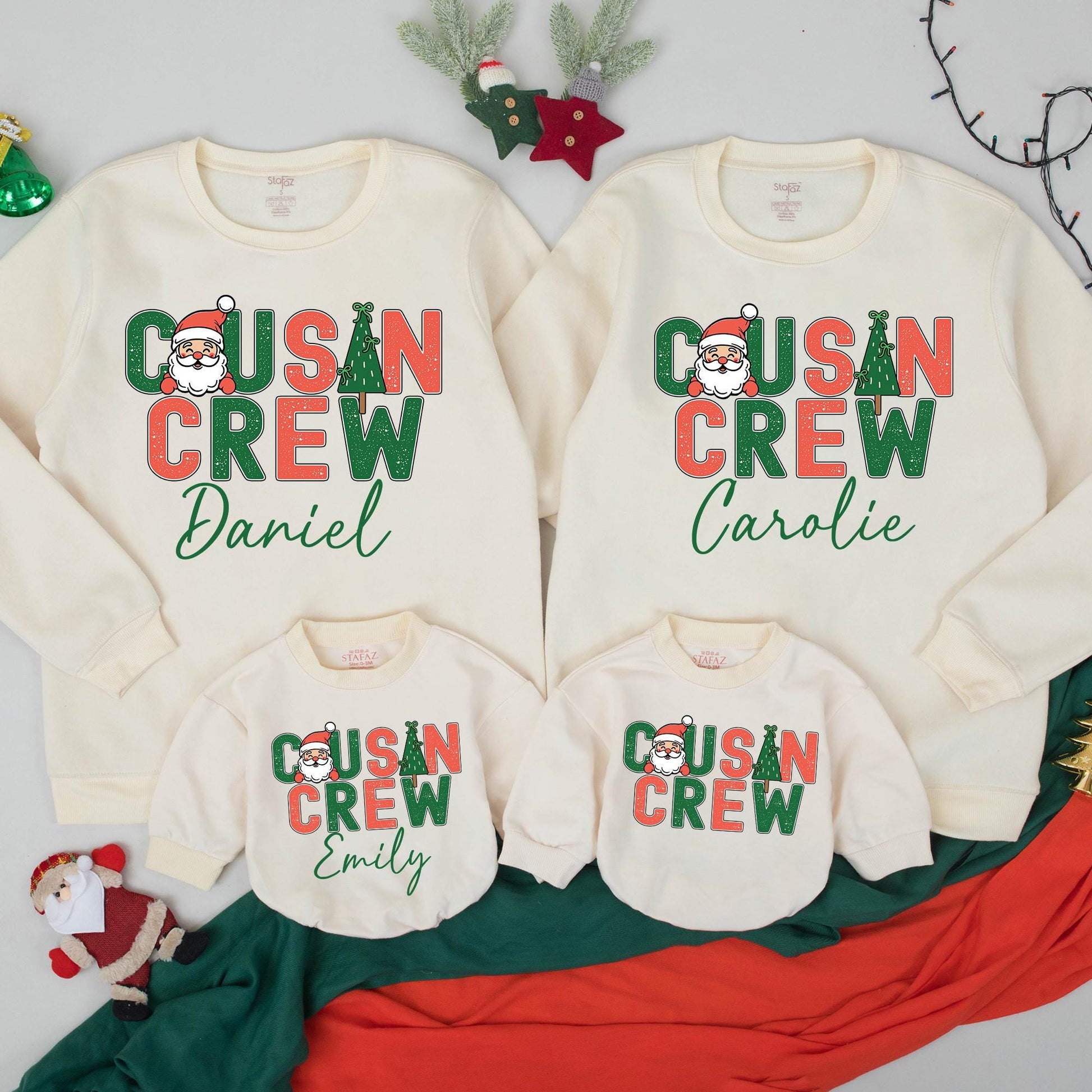 Retro Cousin Crew Christmas Sweatshirt Personalized with Santa & Tree Design Matching Family Holiday Apparel