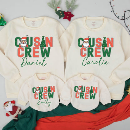 Retro Cousin Crew Christmas Sweatshirt Personalized with Santa & Tree Design Matching Family Holiday Apparel