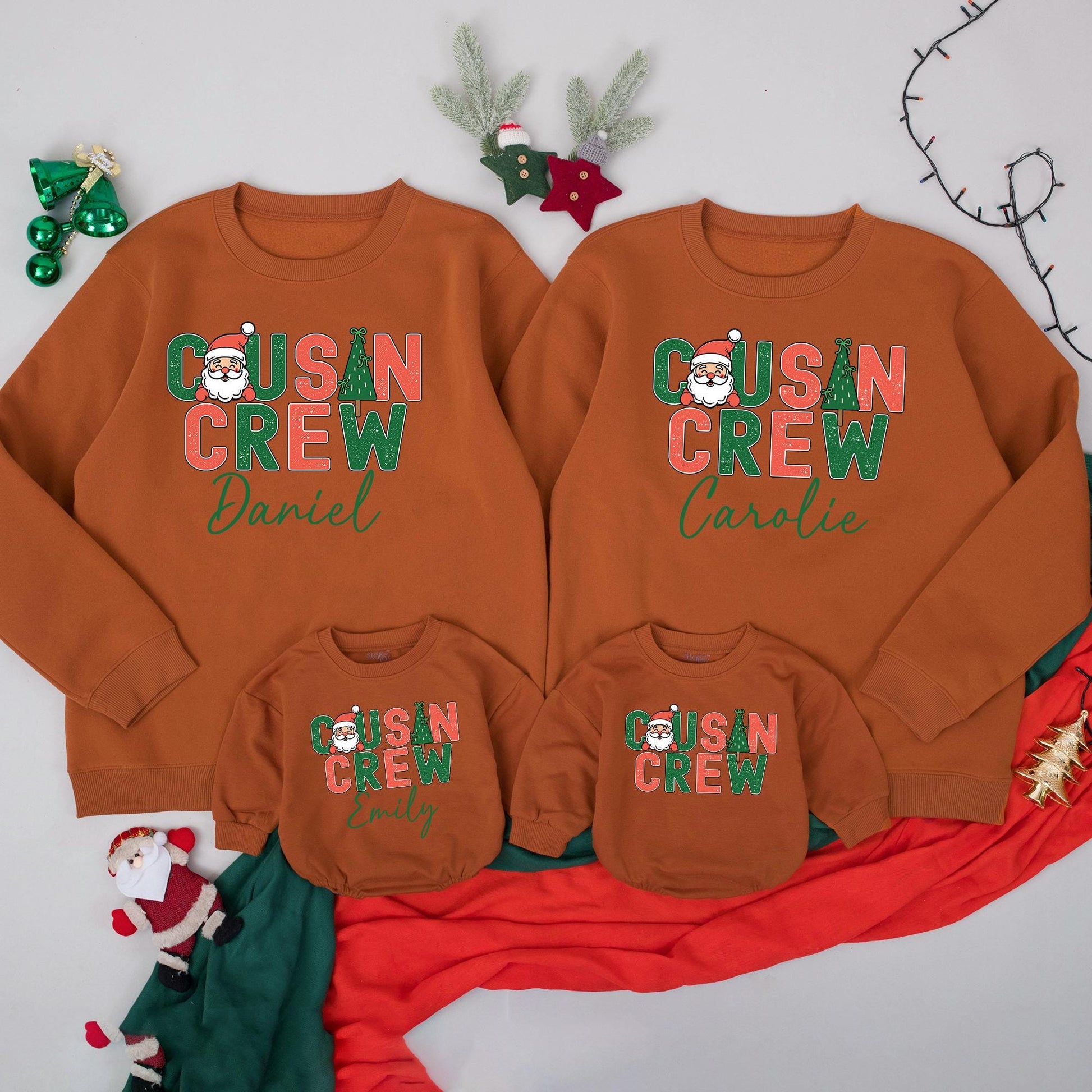 Retro Cousin Crew Christmas Sweatshirt Personalized with Santa & Tree Design Matching Family Holiday Apparel