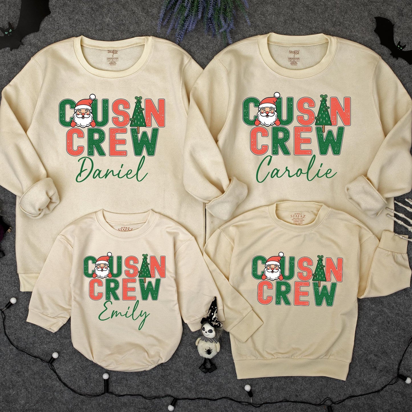 Retro Cousin Crew Christmas Sweatshirt Personalized with Santa & Tree Design Matching Family Holiday Apparel